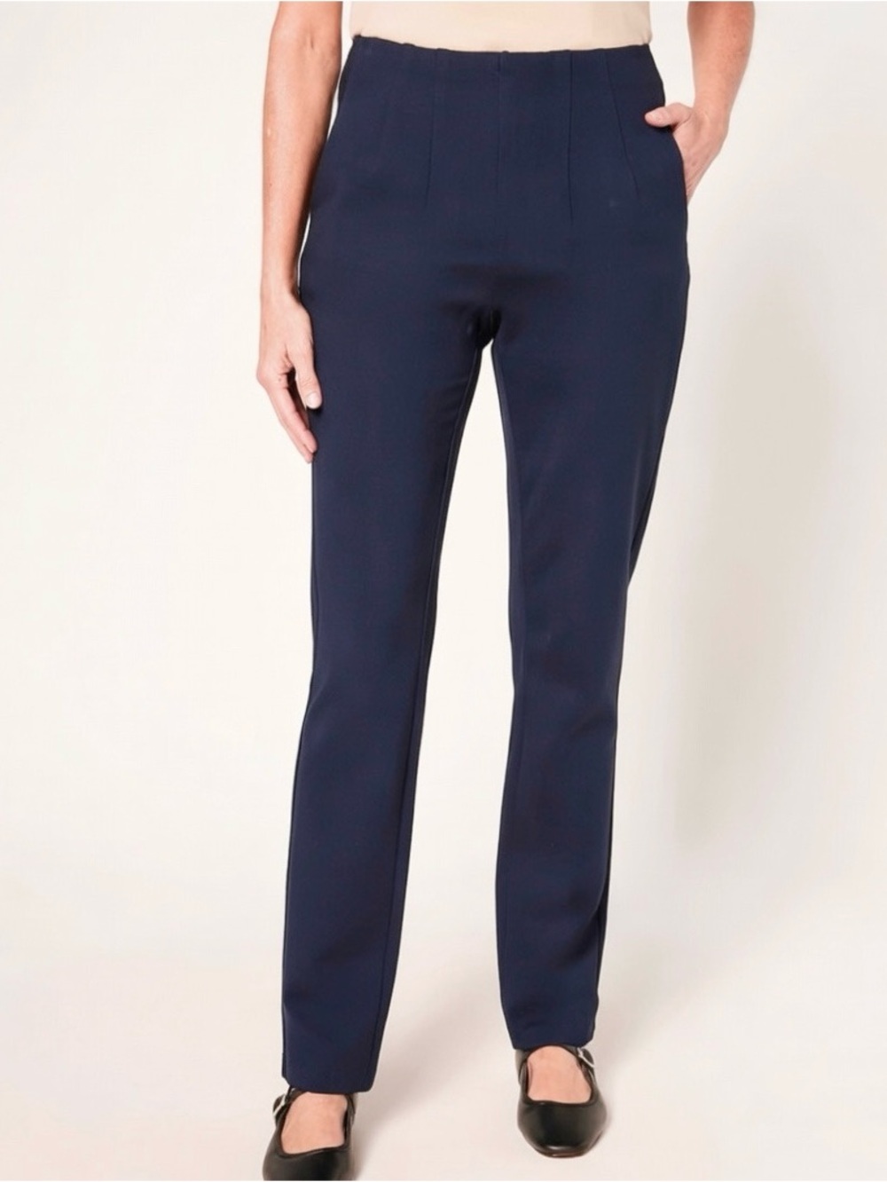 New Belle by Kim Gravel Blue Ponte Hollywood Waist Full-Length Pants / 6 Petite